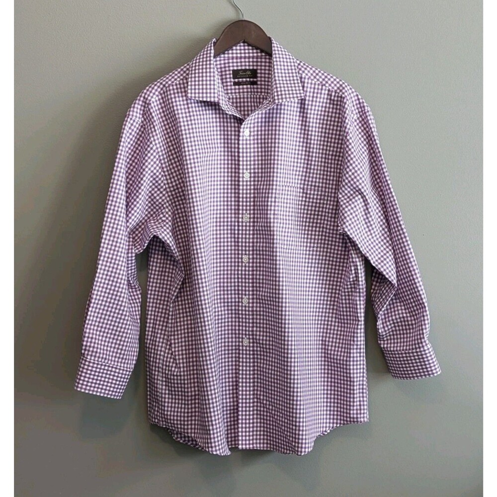 Tasso Elba Non-Iron Dress Shirt Mens 17.5 XL Purple Check Long Sleeve Extra LS